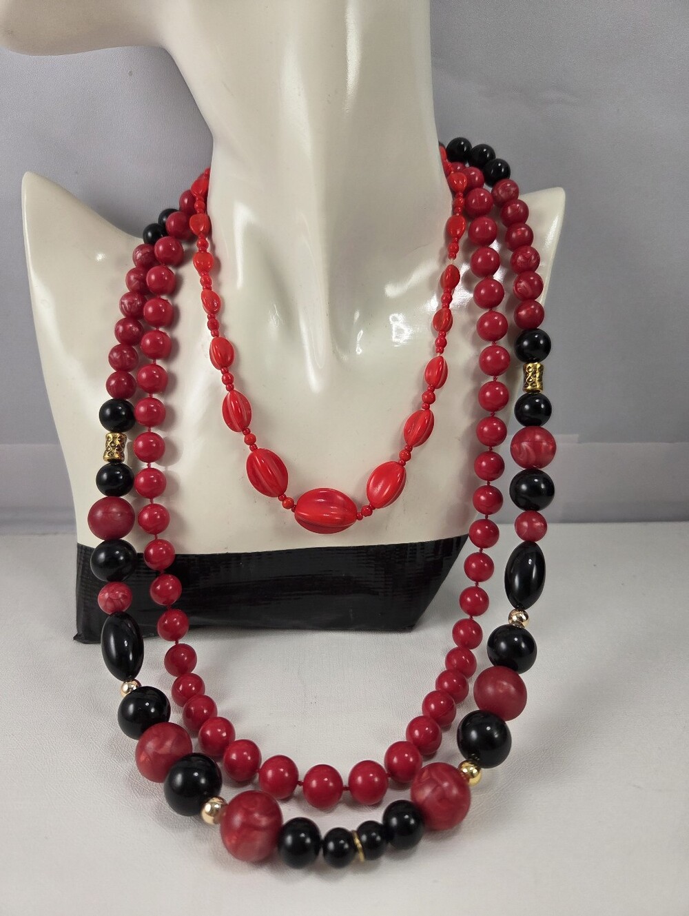 3pc Vintage & Modern Red Black Chunky Bead Necklace Bundle